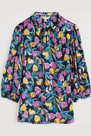 Seasalt Cornwall Black Multi Flower Weave Satin Frill Neck Print Blouse AU 12