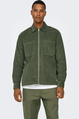 Only & Sons Khaki Green Zip Corduroy 100% Cotton Overshirt S