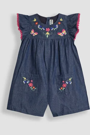JoJo Maman Bébé Chambray Blue Floral Embroidered Frill Sleeve Playsuit 110116cm
