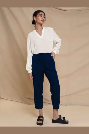 Threadbare Blue Petite Linen Blend Tapered Trousers AU 14