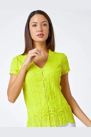 Roman Green Embroidered Crinkle 100% Cotton Blouse AU 20
