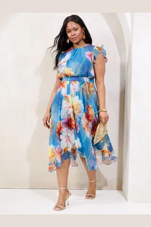 Lipsy London Curve Floral Printed Frill Sleeve Fit And Flare Midi Dress 24