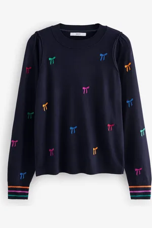 Next Navy Blue with Rainbow Bows Crew Neck Long Sleeve Embroidered Jumper medium