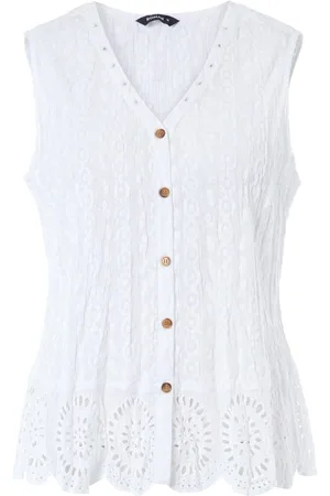 Roman White Eyelet Detail Embroidered Crinkle 100% Cotton Blouse AU 16