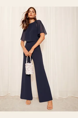 Friends Like These Navy Blue Petite Chiffon Flutter Sleeve Wide Leg Jumpsuit AU 6