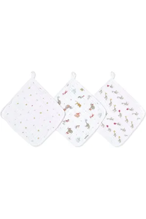 Aden + Anais White Essentials 100% Cotton Muslin Elephant Circus Washcloth 3 Pack One