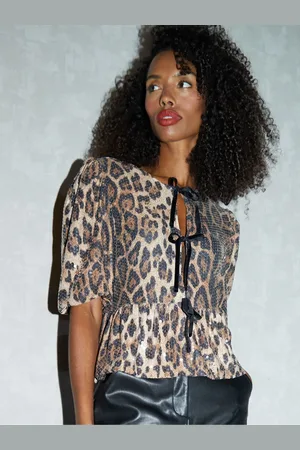 Threadbare Leopard Snake Print Sequin Tie Front Smock Blouse AU 14