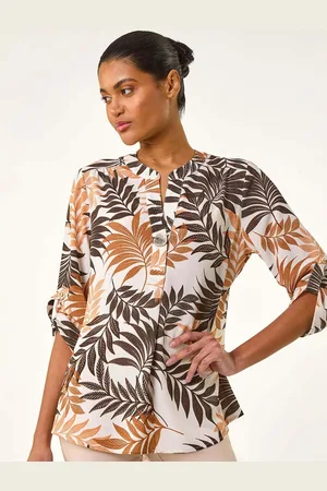Roman Brown Leaf Print V-Neck Stretch Blouse 14