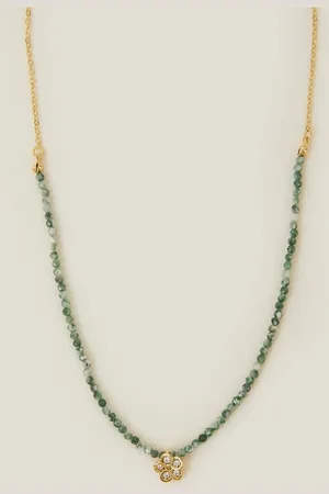 Accessorize Gold 14ct Plated Flower Pendant Jade Bead Necklace one