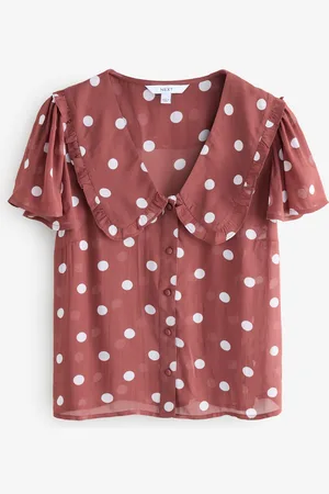 Next Brown/Ecru Spot Peter Pan Collar Sheer Short Sleeve Blouse AU 12