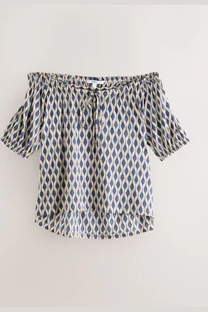 Next Blue Print Short Sleeve Ruched Neck Jersey 100% Cotton Blouse AU 10