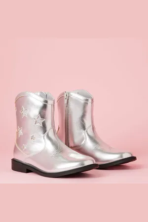 Lipsy London Silver Star Flat Faux Leather Western Ankle Boots AU 2 (EU 34.5)