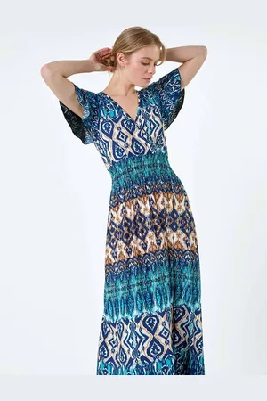 Roman Print Shirred Stretch Maxi Dress AU 14