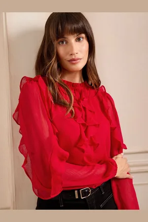 Love & Roses Red Print Ruffle Crew Neck Long Sleeve Blouse AU 12