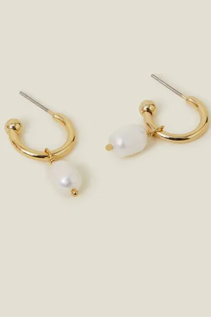 Accessorize Gold Tone 14ct Pearl Drop Hoop Earrings One