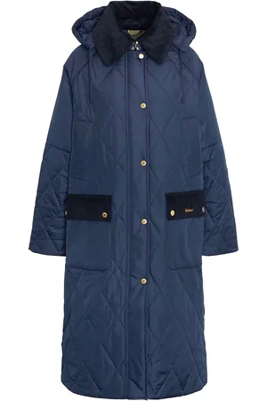 Barbour Navy 100% Cotton Cookston Longline Diamond Quilt Patch Coat AU 10