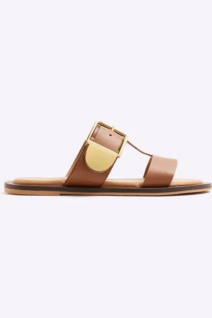 River Island Brown T-Bar Buckle Flat Sandals AU 7 (EU 38)