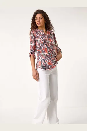 Roman Red Abstract Print Burnout V-Neck Shirt AU 12