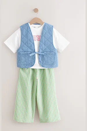 Next Green/Blue Quilted Waistcoat, T-Shirt, And Trousers Set (3-16yrs) 10 Years (140cm)