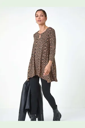 Roman Brown Abstract Linear Print Cutout Tunic Top AU 20