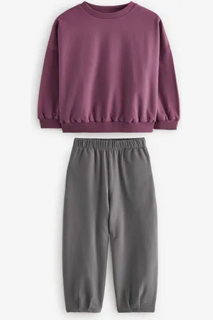 Next Purple Oversized 100% Cotton Sweat and Check Barrel Leg Joggers Set (3-16yrs) 10 Years (140cm)
