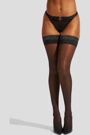 Ann Summers Black Studded Plain Top Hold-Ups medium