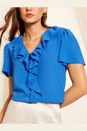Friends Like These Blue Ruffle Front Puff Sleeve Blouse AU 12