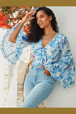 Sosandar Blue Floral Print Ruffle Detail Blouse AU 8