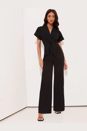 Lipsy London Black Flutter Sleeve V Neck Tie Front Wide Leg Jumpsuit AU 10