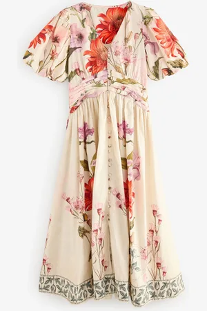 Next Puff Sleeve Button Down Occasion Maxi 100% Cotton Dress 24