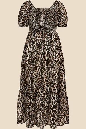 Accessorize 100% Cotton Leopard Print Shirred Puff Sleeve Dress M