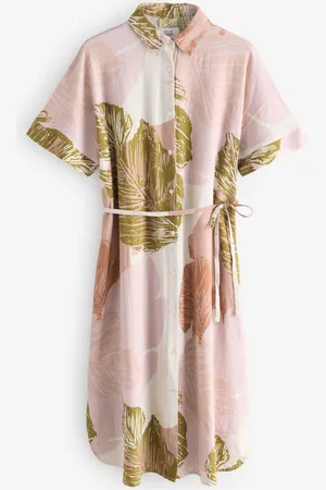 Next Short Sleeve Tie Waist Midi Dress with Linen XL Reg