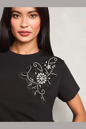 Lipsy London Black Floral Embellished T-Shirt AU 6