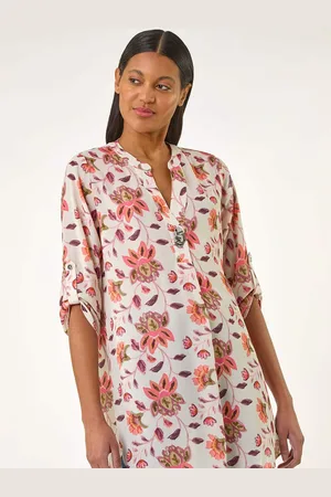 Roman Orange Floral Print Button V-Neck Tunic Top 14