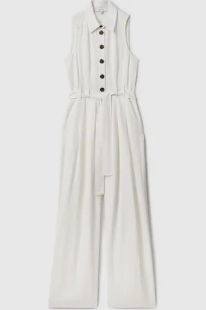 Reiss White Perla Petite Belted Wide Leg Jumpsuit 10