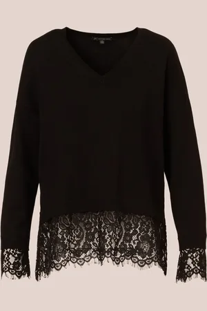 Adrianna Papell V-Neck Solid Twofer Black Sweater With Lace Combo XS