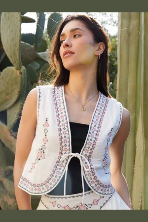 Threadbare Cream 100% Cotton Embroidered Tie Front Waistcoat AU 12