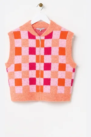 Oliver Bonas Orange Checked Zip Up Knitted Waistcoat AU 10