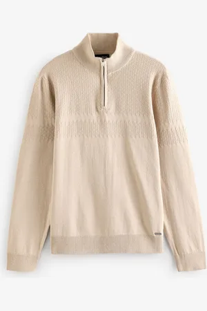 Threadbare Brown Long Sleeve Textured Knitted Quarter Zip Jumper M