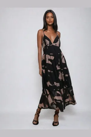 Religion Nadia Midi Strap Dress With Tiered Skirt In Dark Print AU 18