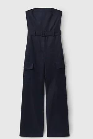 Reiss Navy Lois Strapless Belted Wide Leg Jumpsuit AU 12