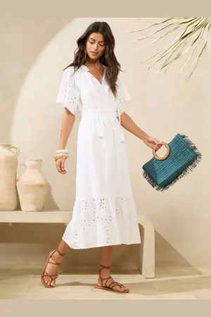 Lipsy London 100% Cotton Short Sleeve Embroidered Notch Neck Midi Dress AU 14