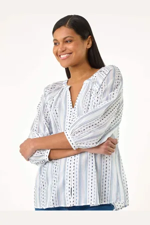 Roman Blue Dobby Stripe Print V-Neck 100% Cotton Blouse AU 10