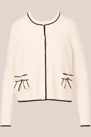 Adrianna Papell Crew Neck Tipped Bow Pocket Long Sleeve White Cardigan Sweater L