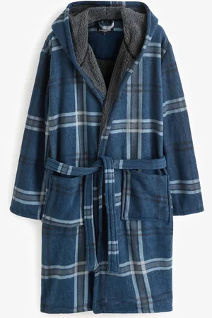 Loungeable Blue Check Bonded Fleece Lined Hooded Dressing Gown small