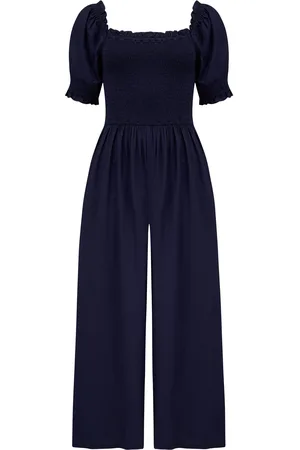Pour Moi Navy Blue Sally Fuller Bust Shirred Bodice Puff Sleeve Jumpsuit AU 8