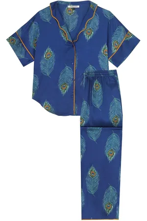 Their Nibs Navy Oversized Ferns Satin Long Pyjamas Set XS