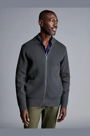 Charles Tyrwhitt Grey Chunky Rib Zip Funnel Neck Cardigan XXL