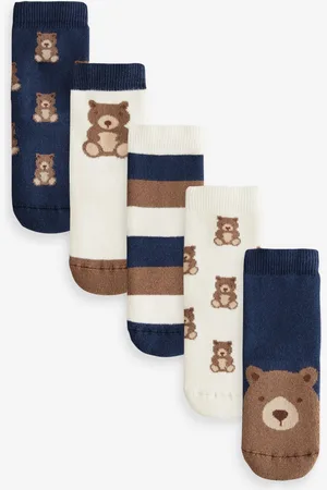 Next Navy/Ecru Bear Cosy Terry Cotton Rich Socks 5 Pack 6-8.5 Jnr