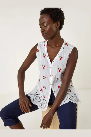Roman White 100% Cotton Print Crinkle Button Blouse AU 12